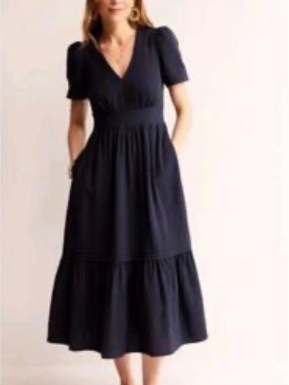 Boden Black V‑Neck Short Sleeve Midi Dress